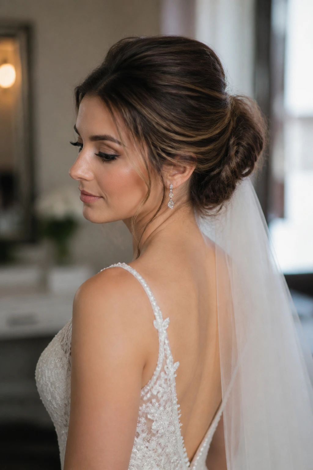 Close-up of a real bride showing extension-enhanced crown and nape volume, bridal suite lighting