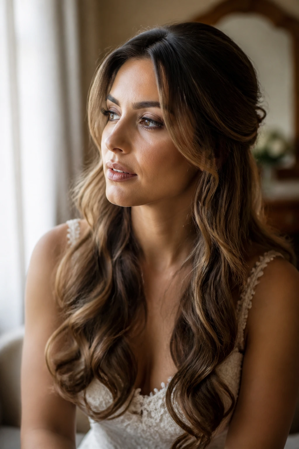 Close-up of a real bride with extensions, thoughtful pose in a bridal prep room