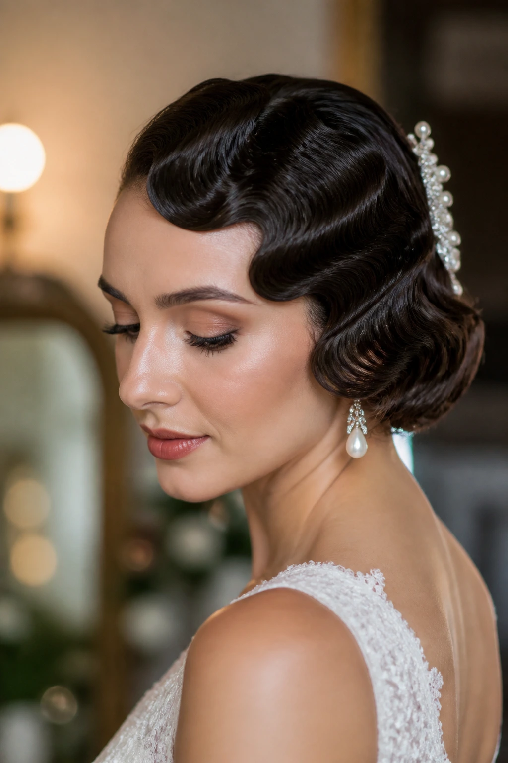 Close-up of a real bride with sculpted finger waves for vintage bridal look
