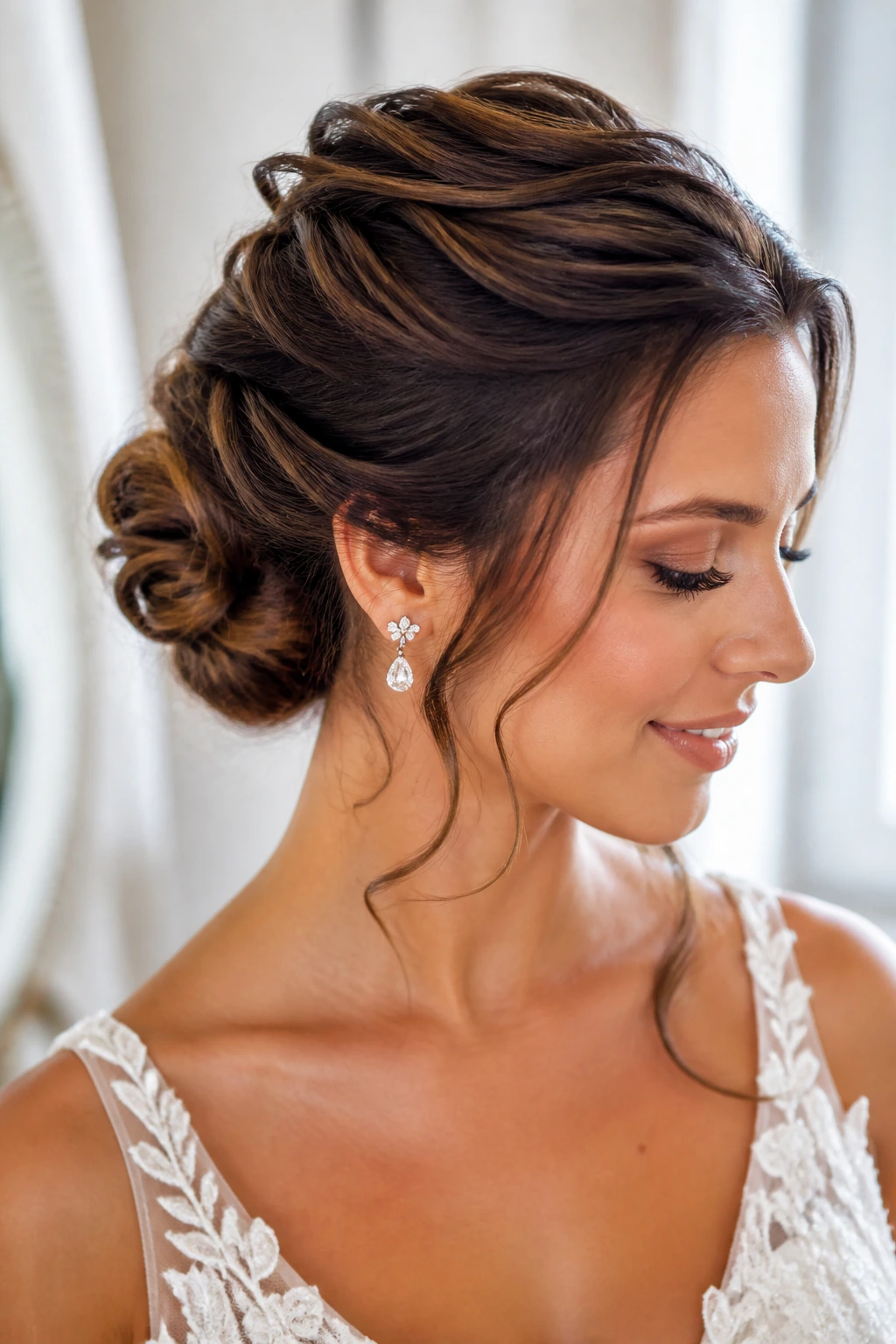 Close-up of a real woman's head showing a bridal fishtail updo with hidden pins