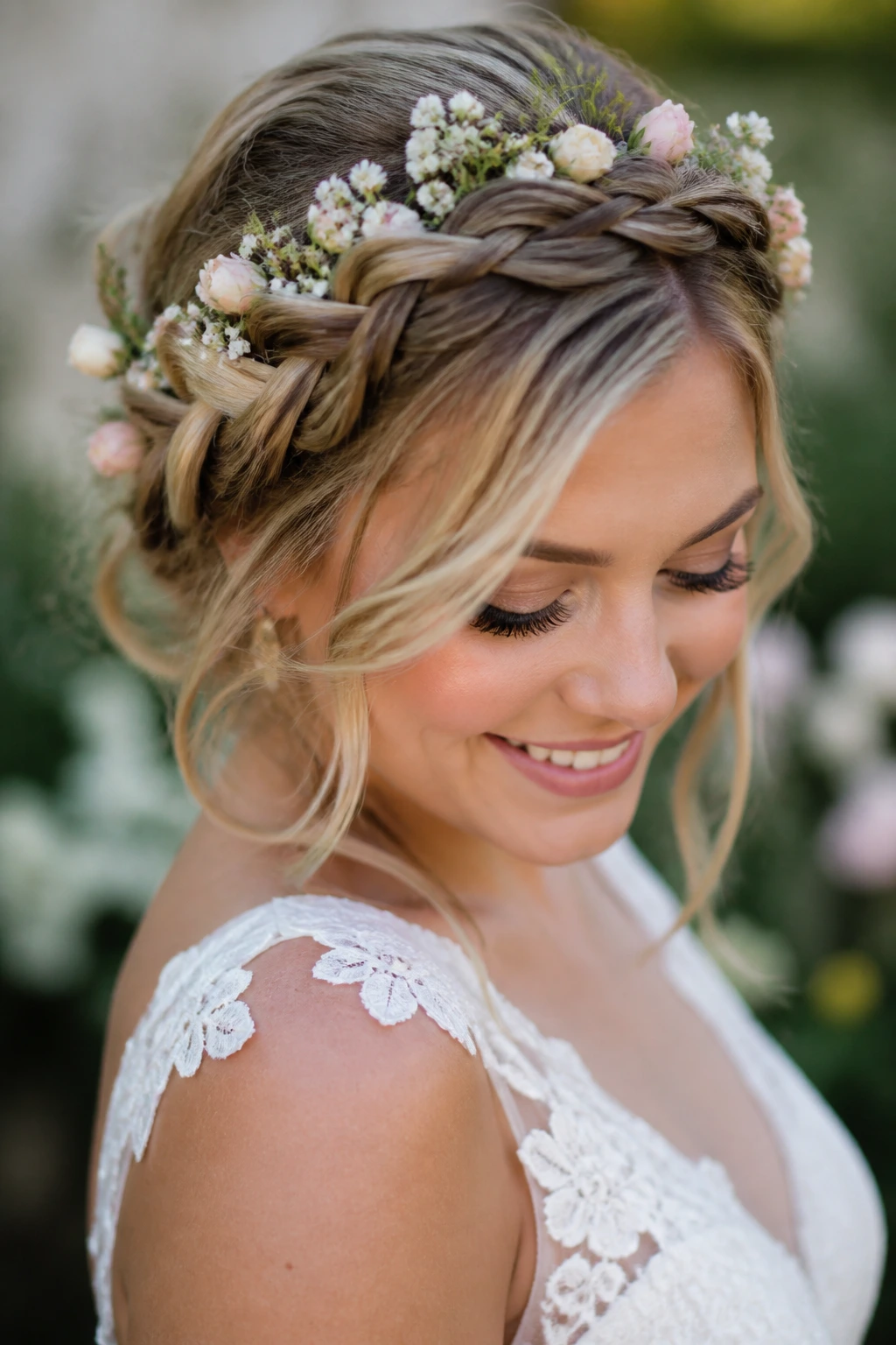 Close-up of a real person wearing a bridal floral crown braid with small flowers