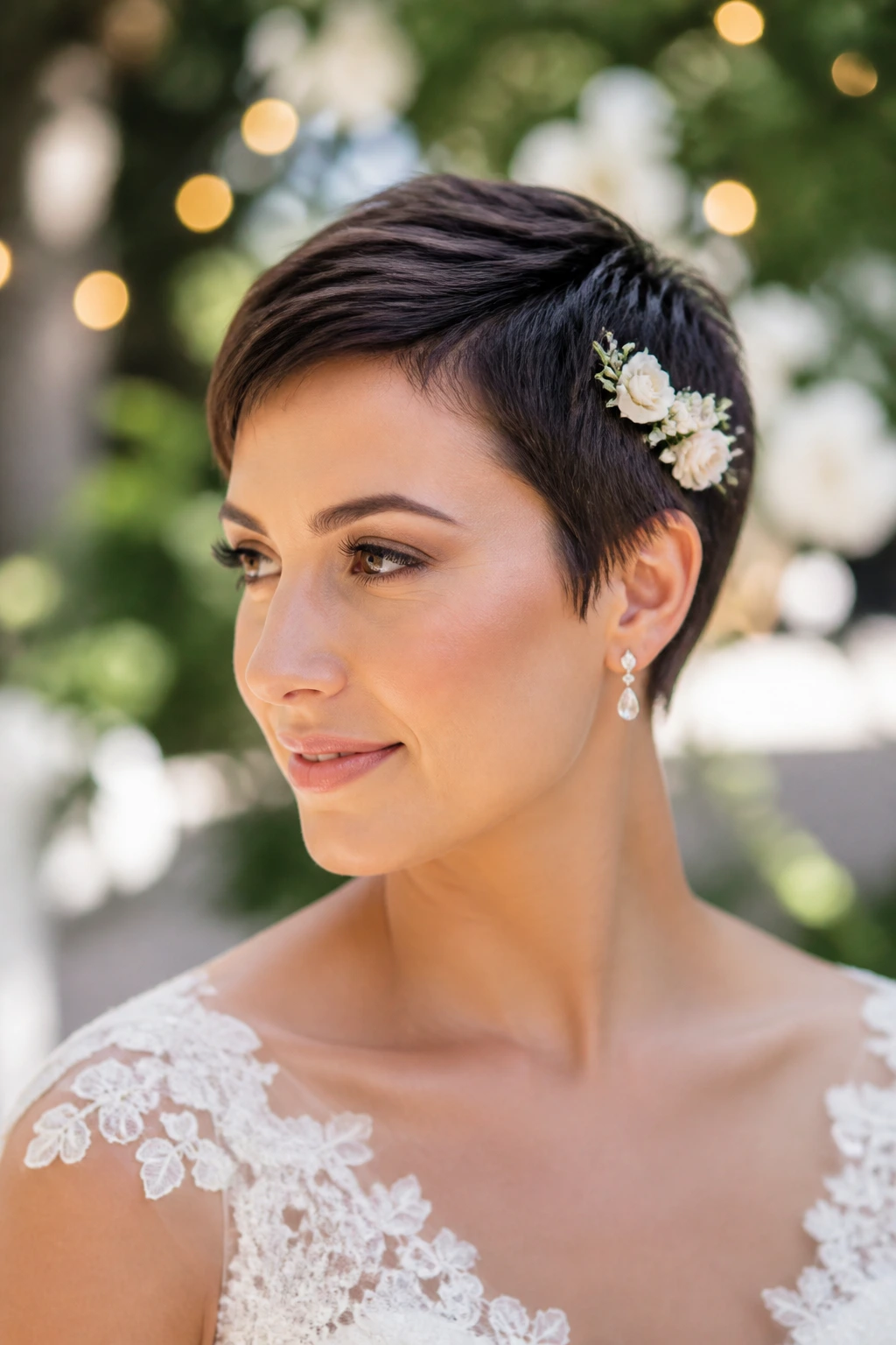 Close-up of a real bride with a floral-accent pixie in a garden setting