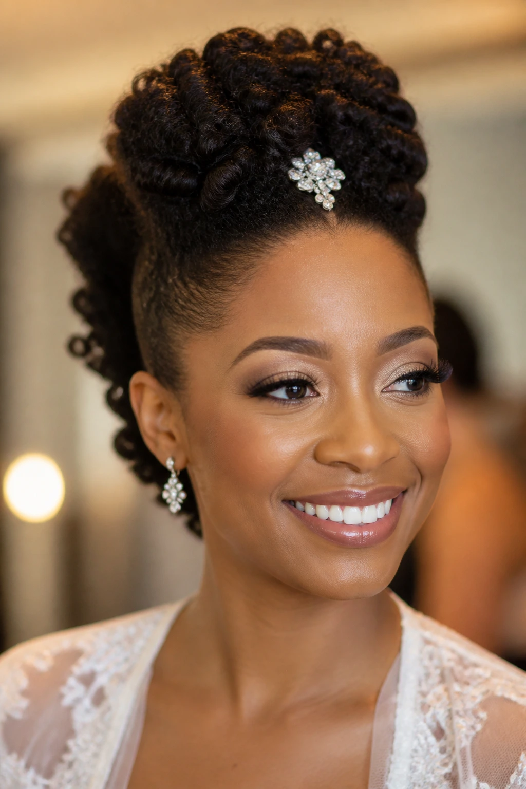 Close-up of a real person with Bridal Frohawk and subtle center accessory