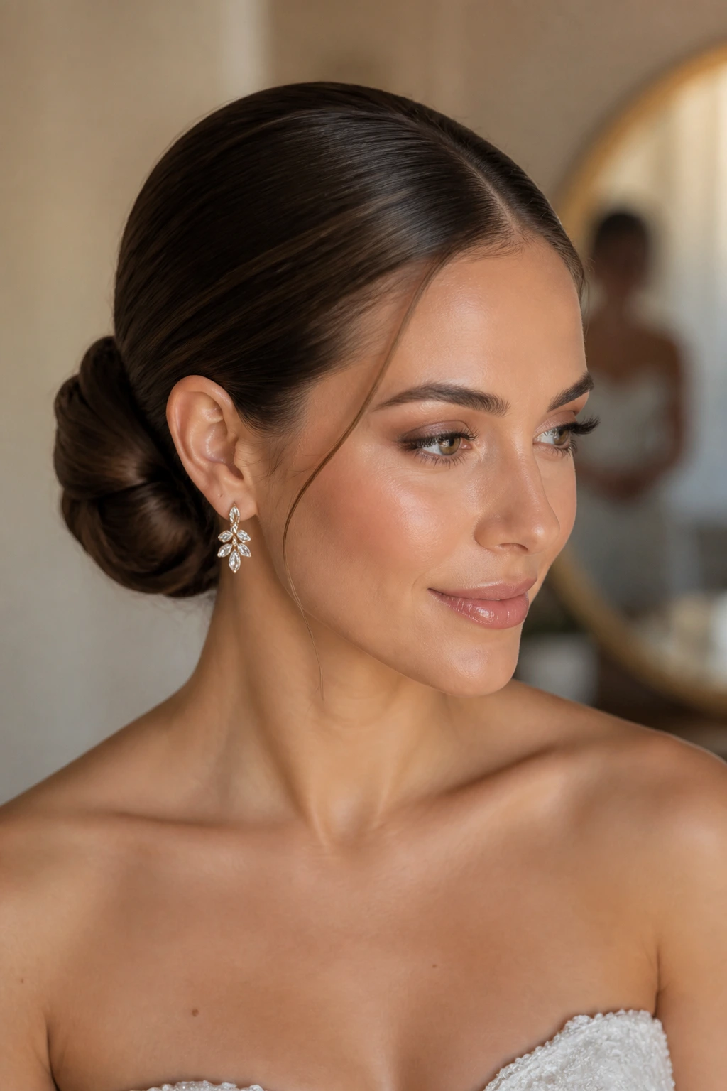 Close-up of a real woman with a low glossy bridal chignon and natural baby hairs