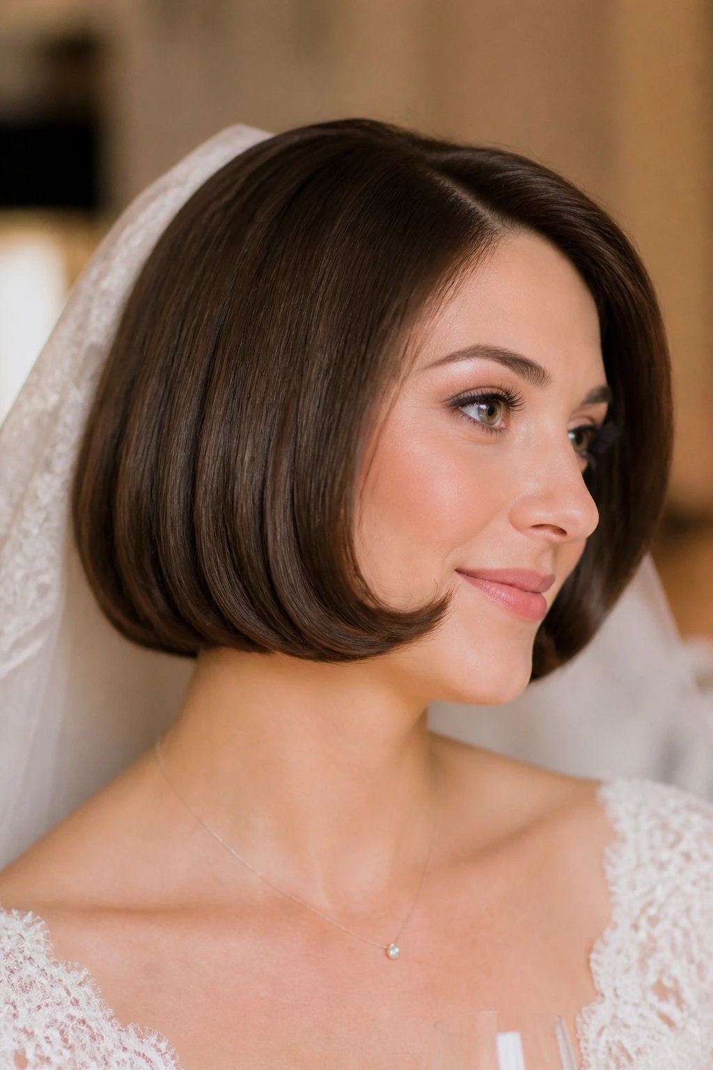 Close-up of a real bride with curled-under classic bob framing the jawline