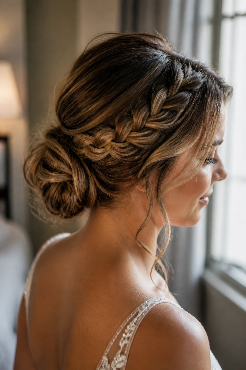 Close-up of a bridal hairstyle with a loose braid feeding into a low chignon.