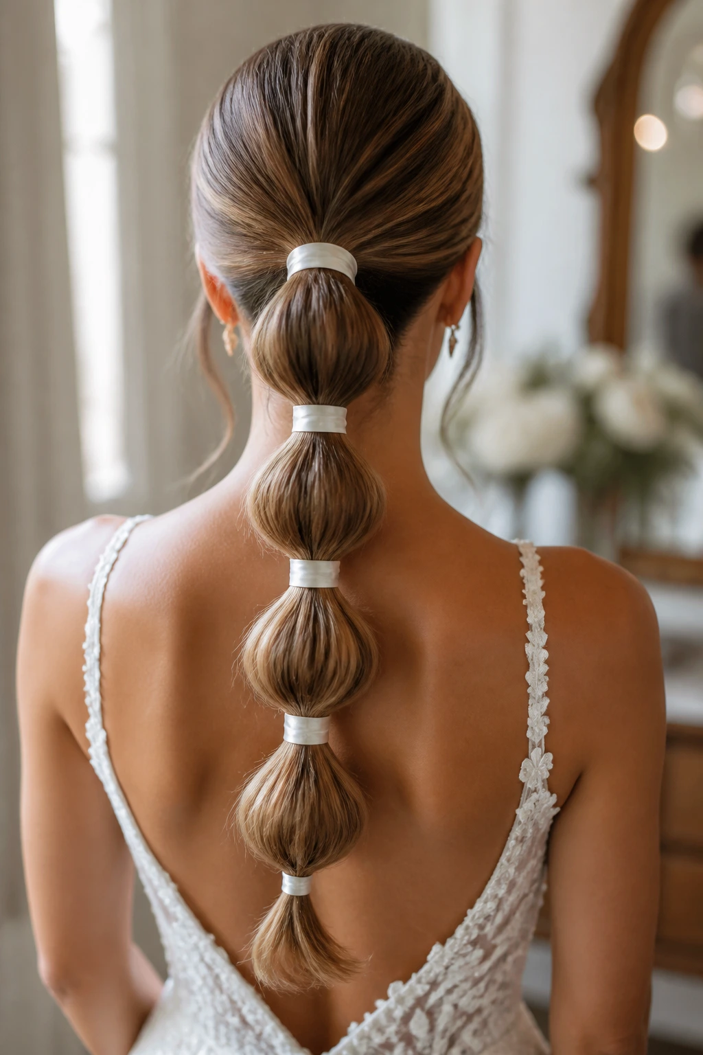 Back view of a bubble ponytail with satin wraps on a real bride.
