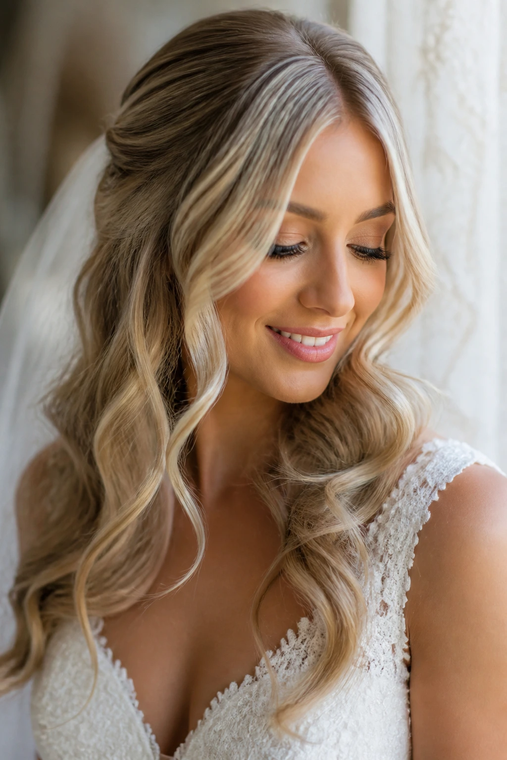 Bridal hair with soft champagne-blonde glow in window light