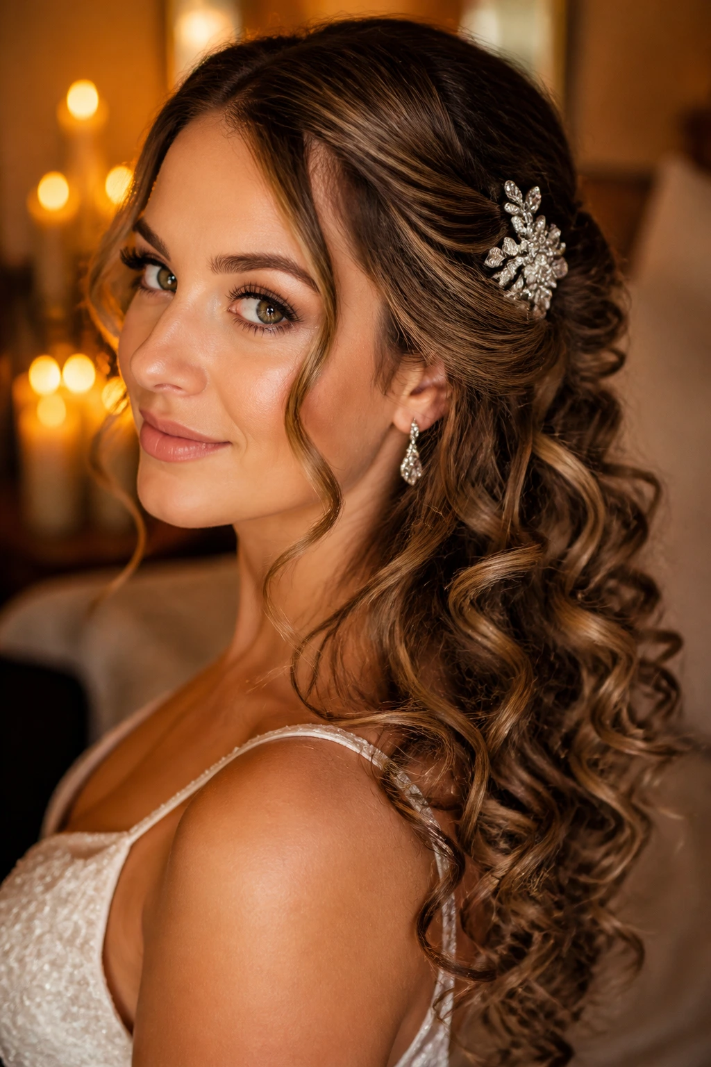 Close-up of a real bride with cascading curls and a crystal comb near the ear.