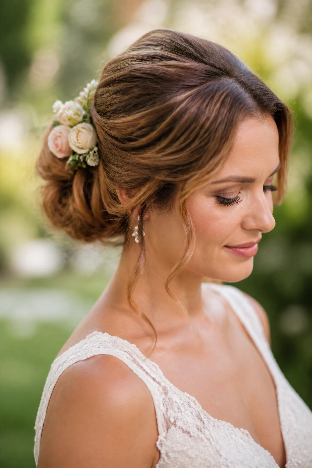 Close-up of a soft updo with floral accents on a real bride.