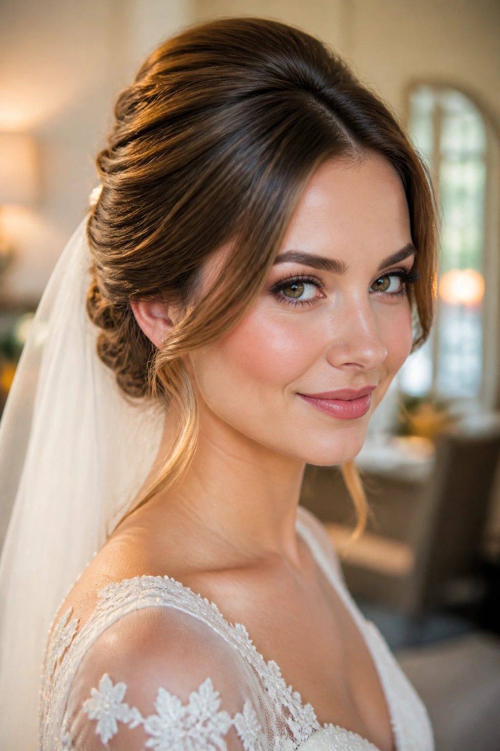 Bride with glossy crown lift, soft bend at the cheek