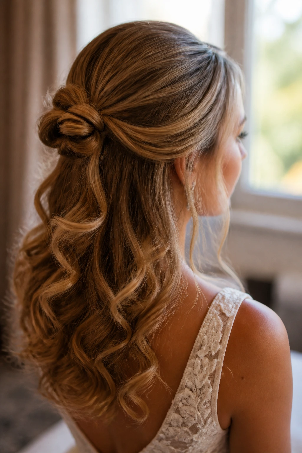 Close-up of a half-up knot with cascading curls on a real bride.