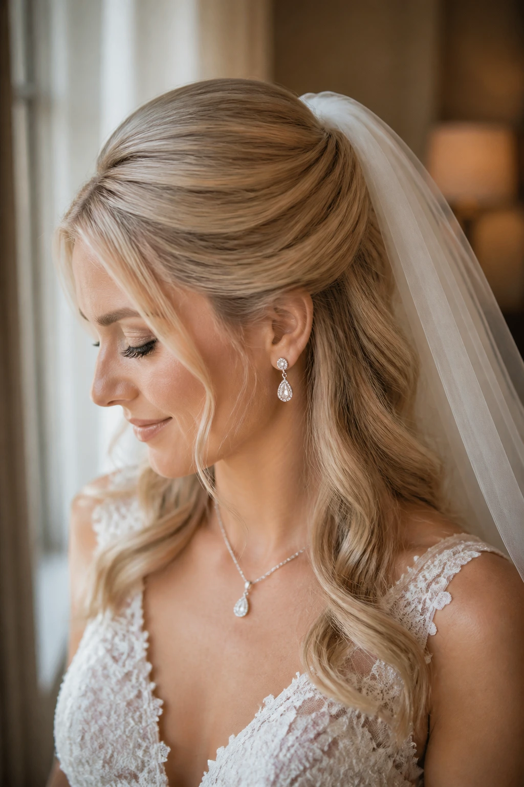 Close-up of a bride's hair in a sleek half-up style with veil and lace dress in warm bridal suite light