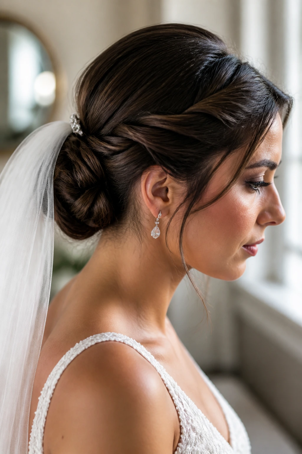Close-up of a real bride showing veil-friendly low knot with side twists