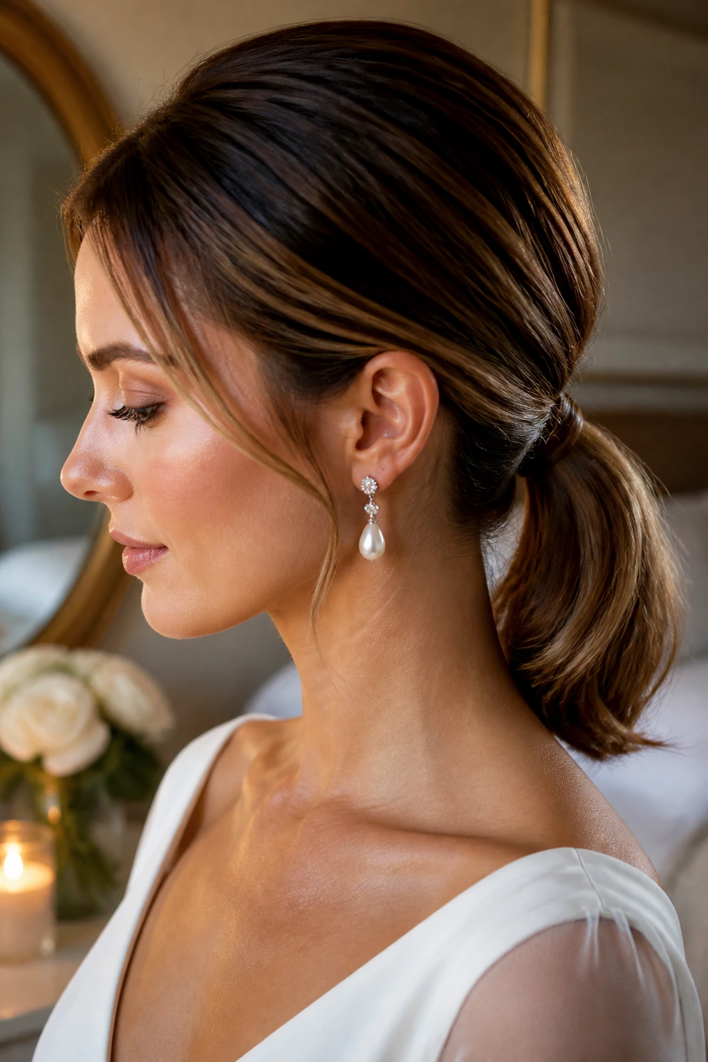 Close-up of a real woman with a sleek low pony bridal hairstyle