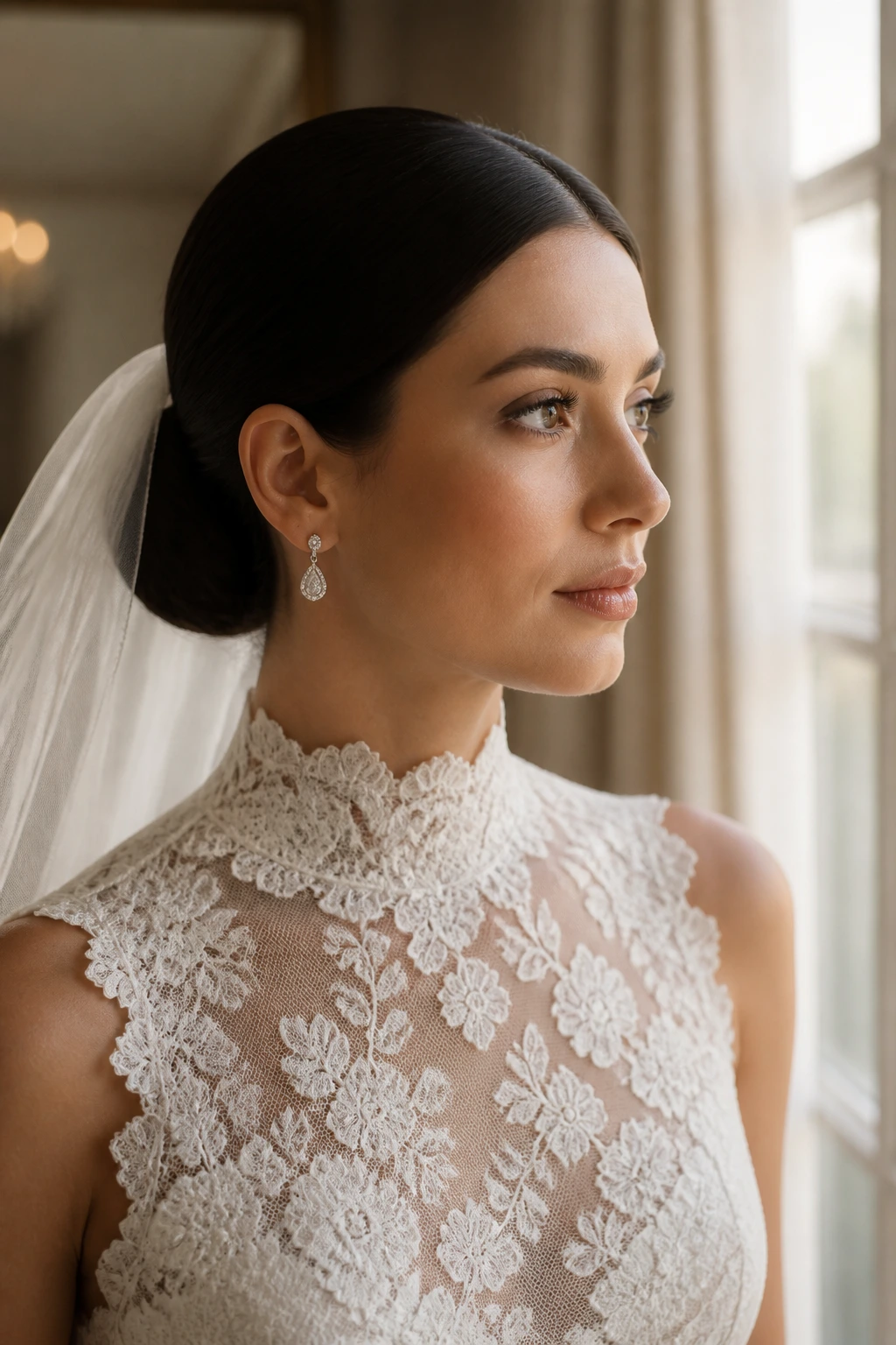 Close-up of a real bride with a sleek low bun coordinating with dress and veil