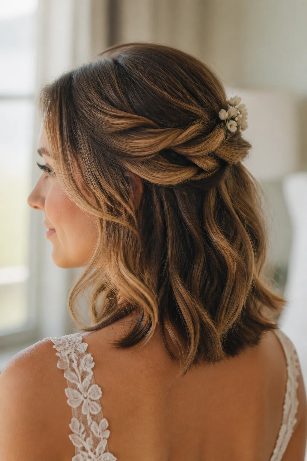 Close-up of a real bride with a medium-length soft tucked twist half-up hairstyle