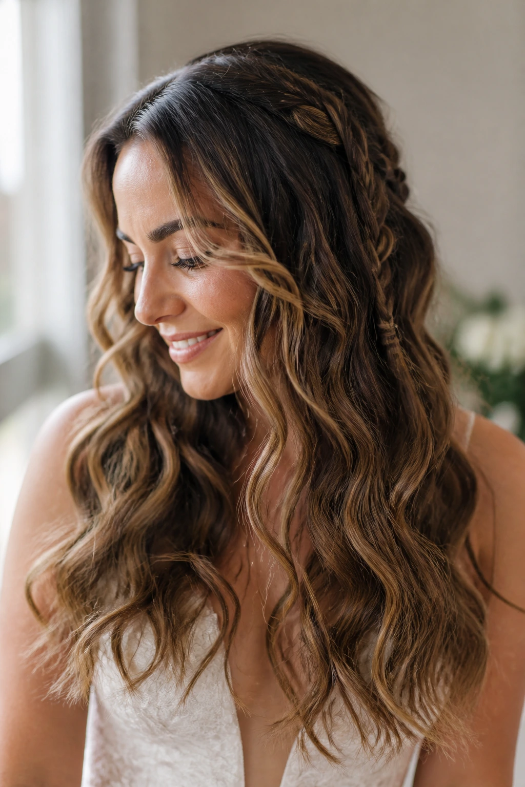 Close-up of long-haired bride with mermaid waves and tiny braids