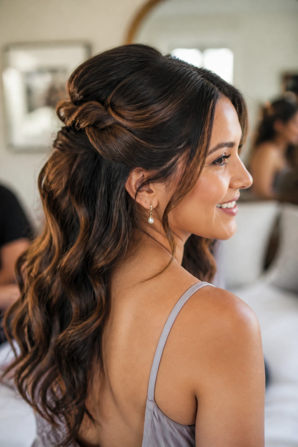 Close-up of a real bridesmaid's hair in a mixed-texture hairstyle in a softly lit bridal suite