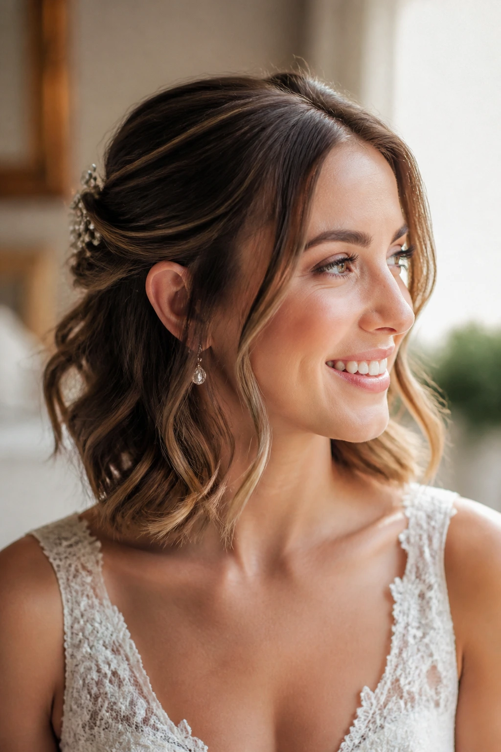 Close-up of a real bride with medium-length hair in a natural, polished finish