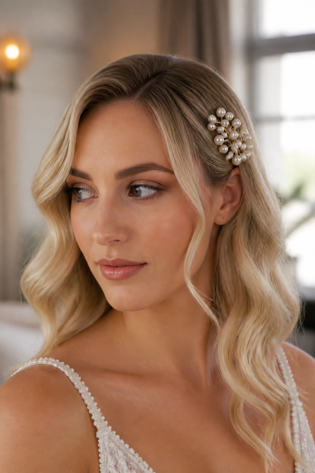 Close-up of real bride with pearl-pinned face-framing waves