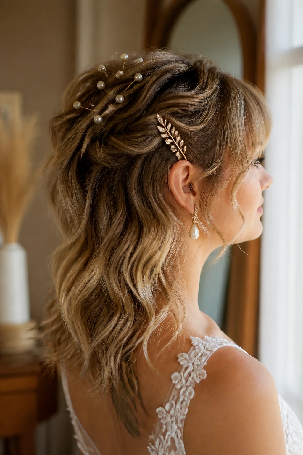 Close-up of mullet with pearl pins accent and decorative clip.