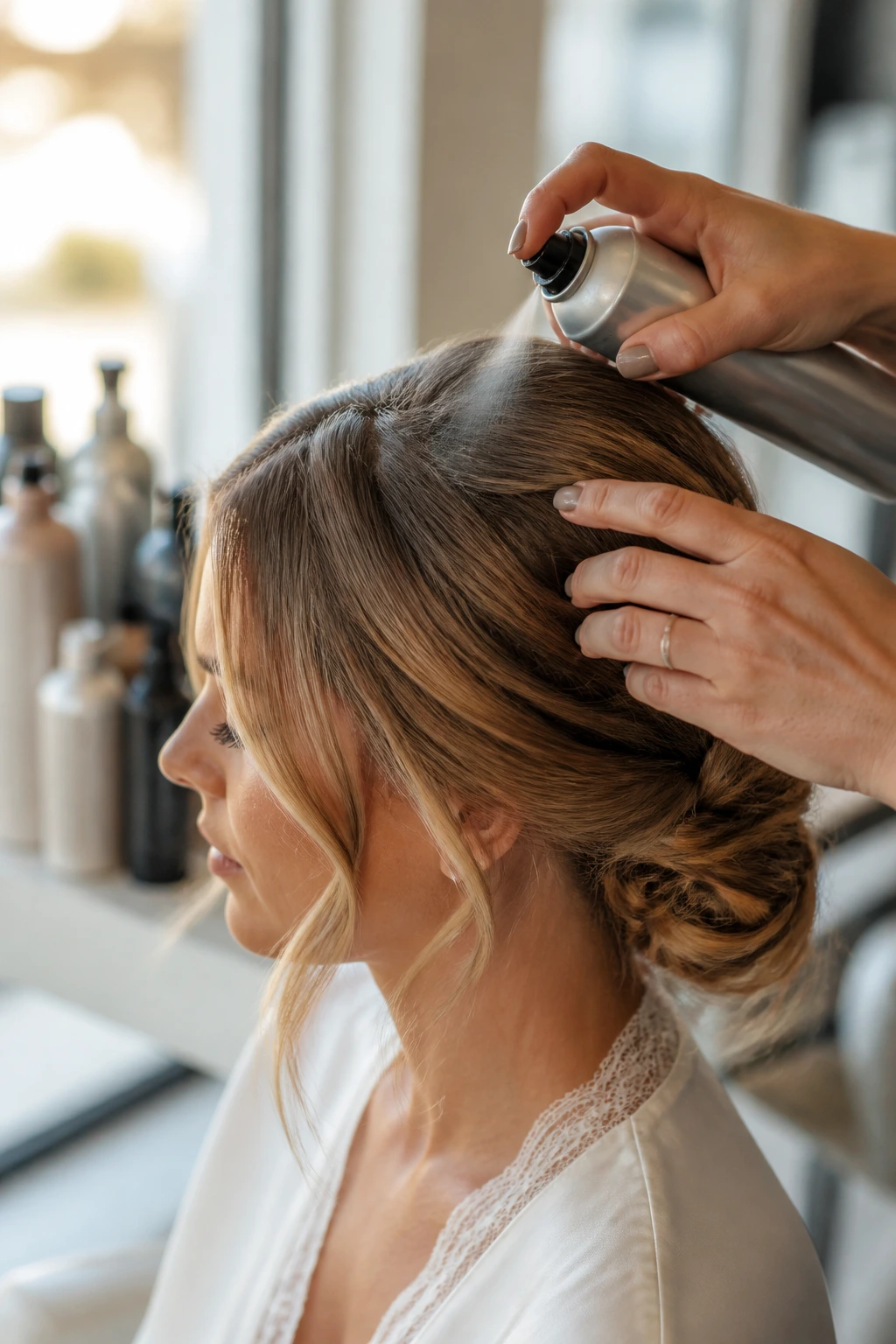 Close-up of a bride's hair being prepped with dry shampoo in a bridal salon