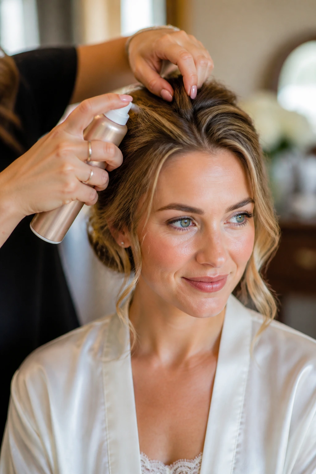 Close-up of a real bride-to-be having hair prep with mousse at the roots in a bridal suite