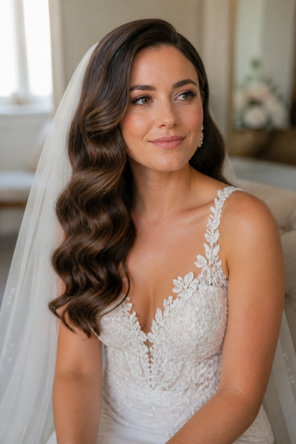 Close-up of bride with Hollywood waves illustrating formal long wedding hairstyle