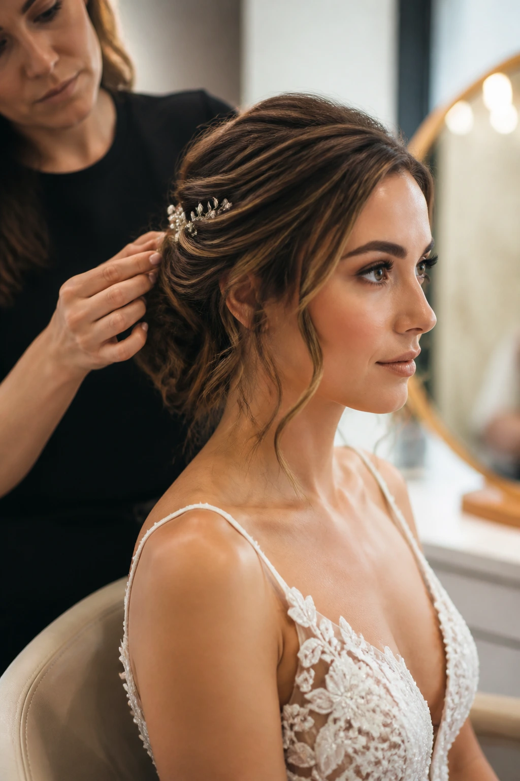Close-up bride hair styling in a bridal salon, realistic portrait