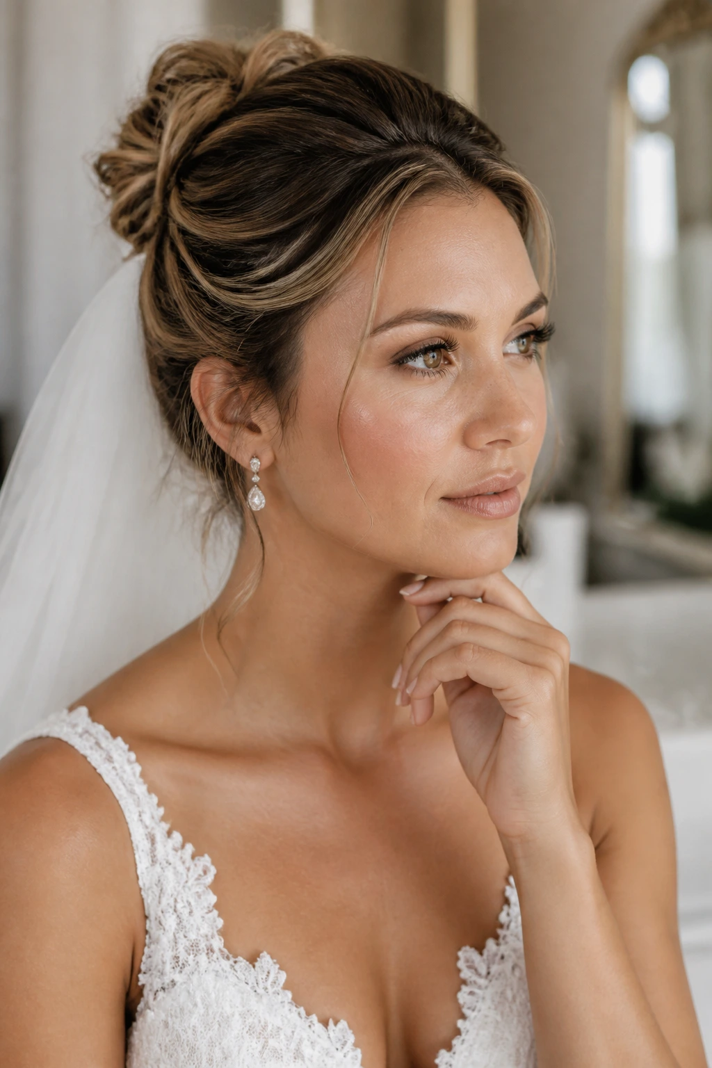 Real bride portrait contemplating summer wedding hair questions