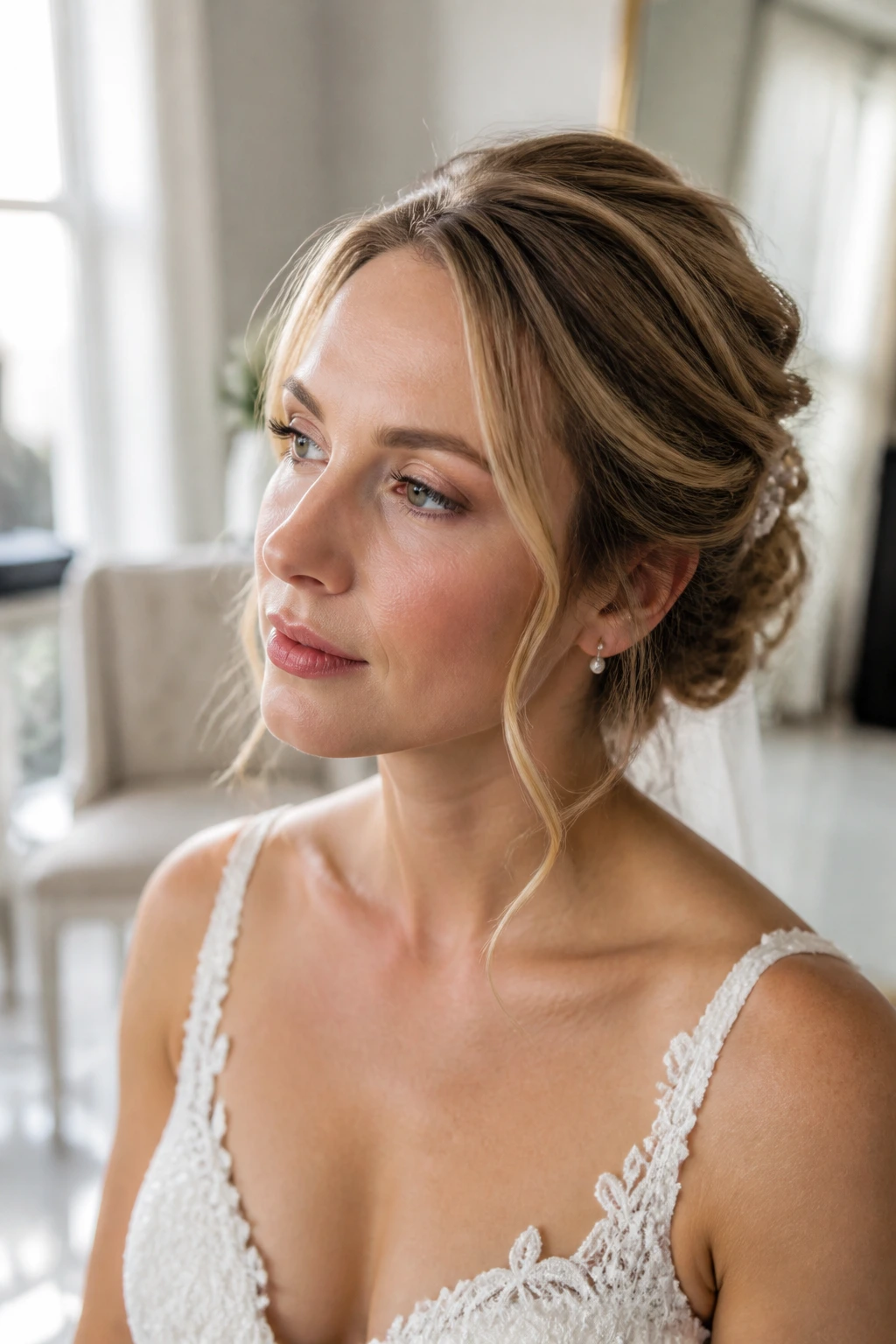 Close-up portrait of a real bride with a thoughtful expression in a bridal salon, exploring thin-hair wedding hairstyle questions