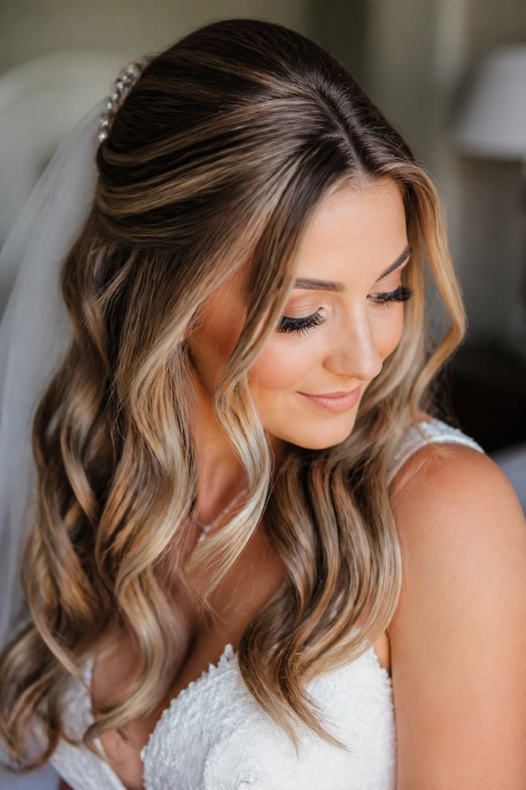 Close-up of a bride's hair color in champagne and chestnut tones