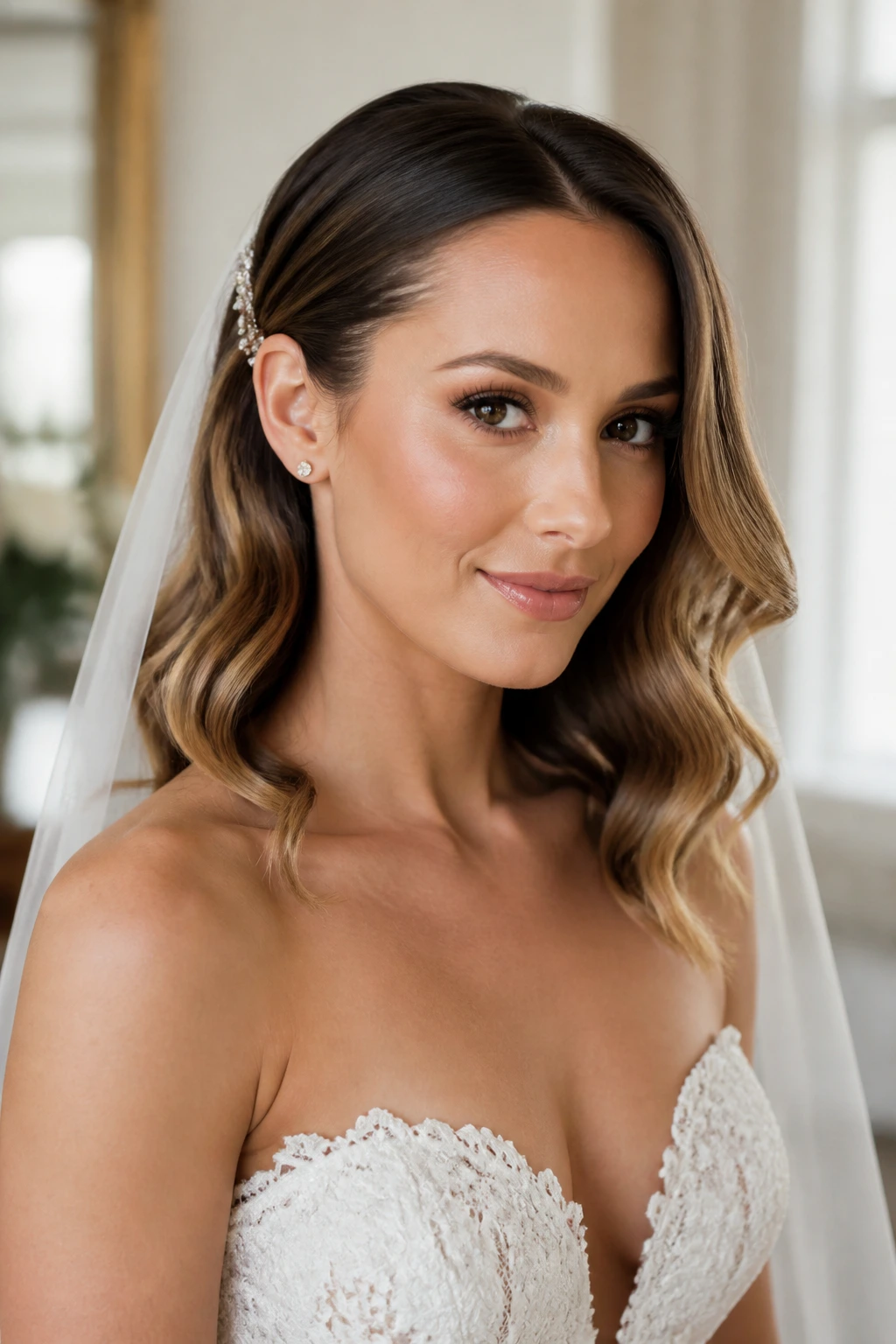 Portrait of bride with sleek roots and loose mid-length waves
