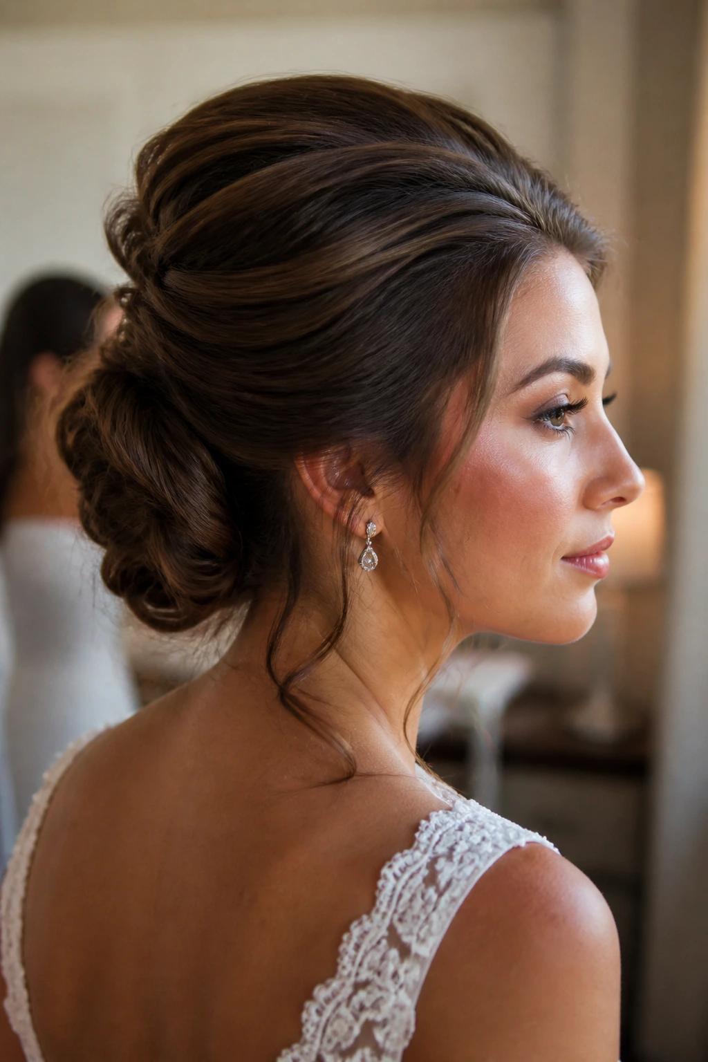 Close-up of real bride showing teased crown and pinned base for support