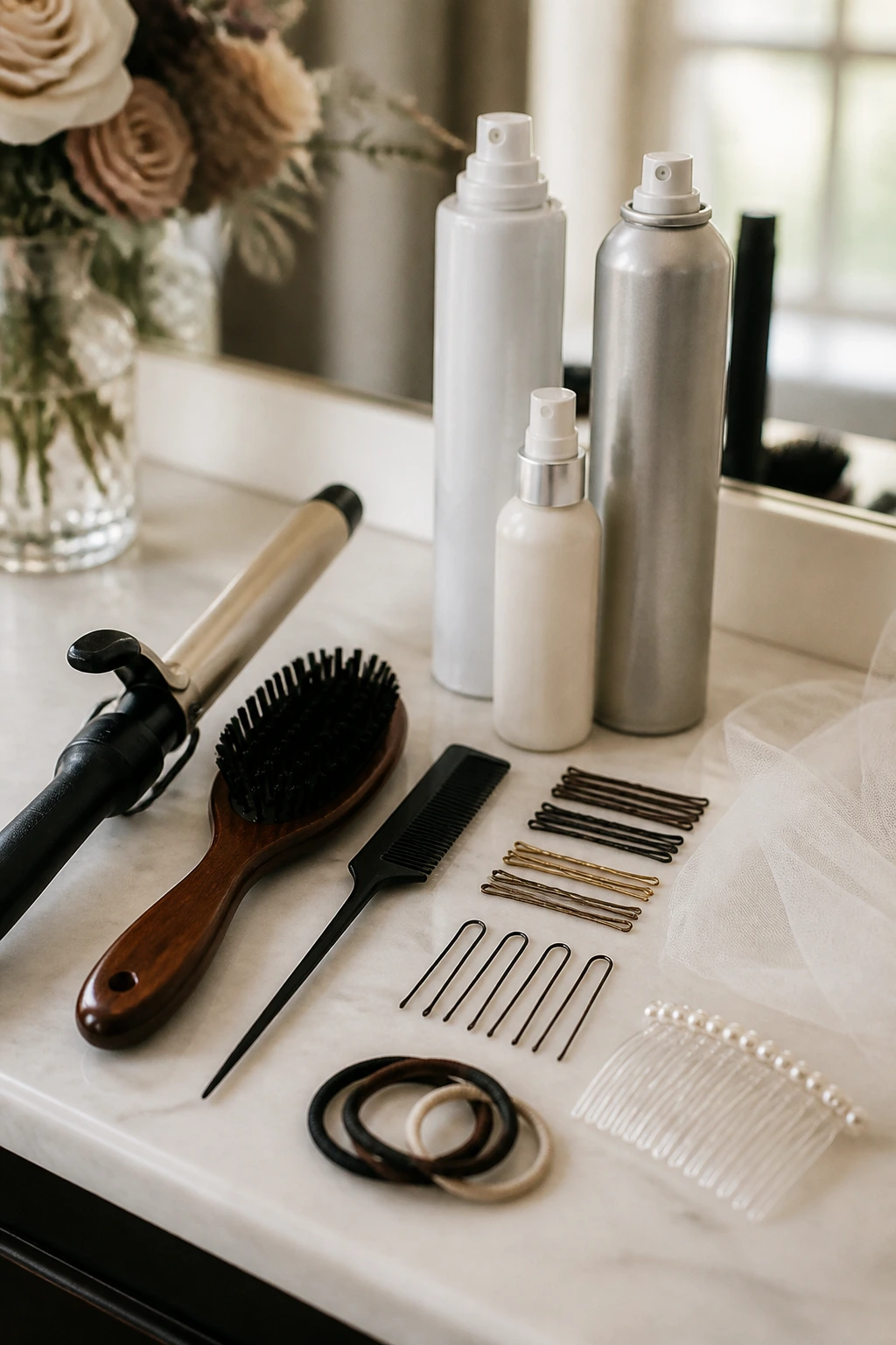 Close-up of bridal hair tools arranged on a vanity.