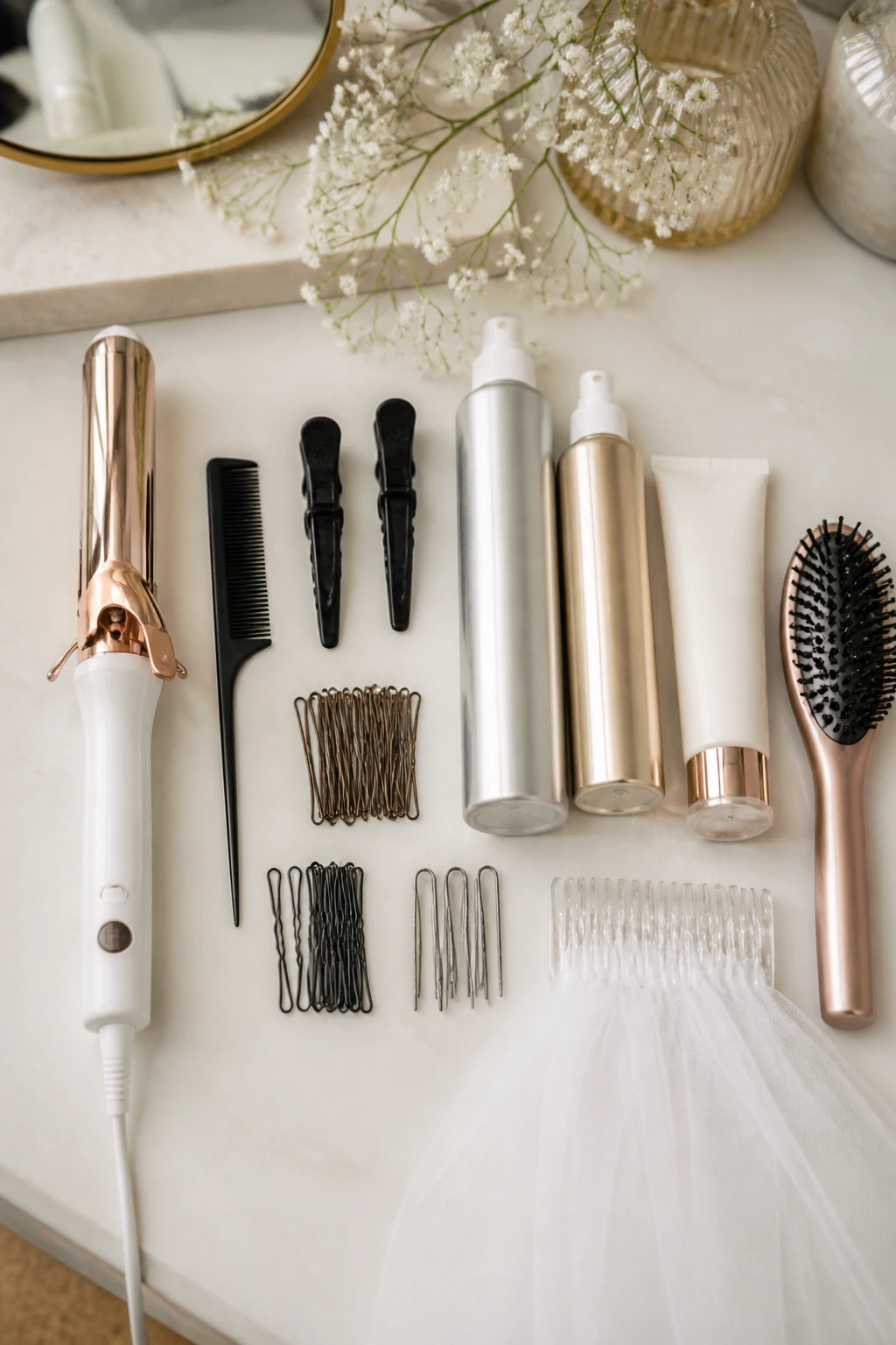 Top-down view of essential bridal hair tools on a vanity