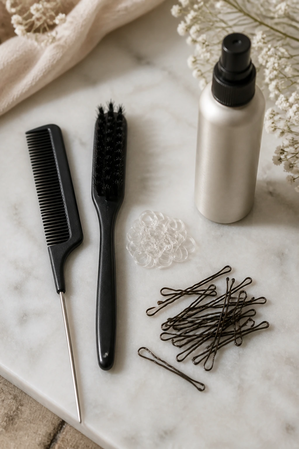 Top-down view of essential bridal hair tools arranged neatly