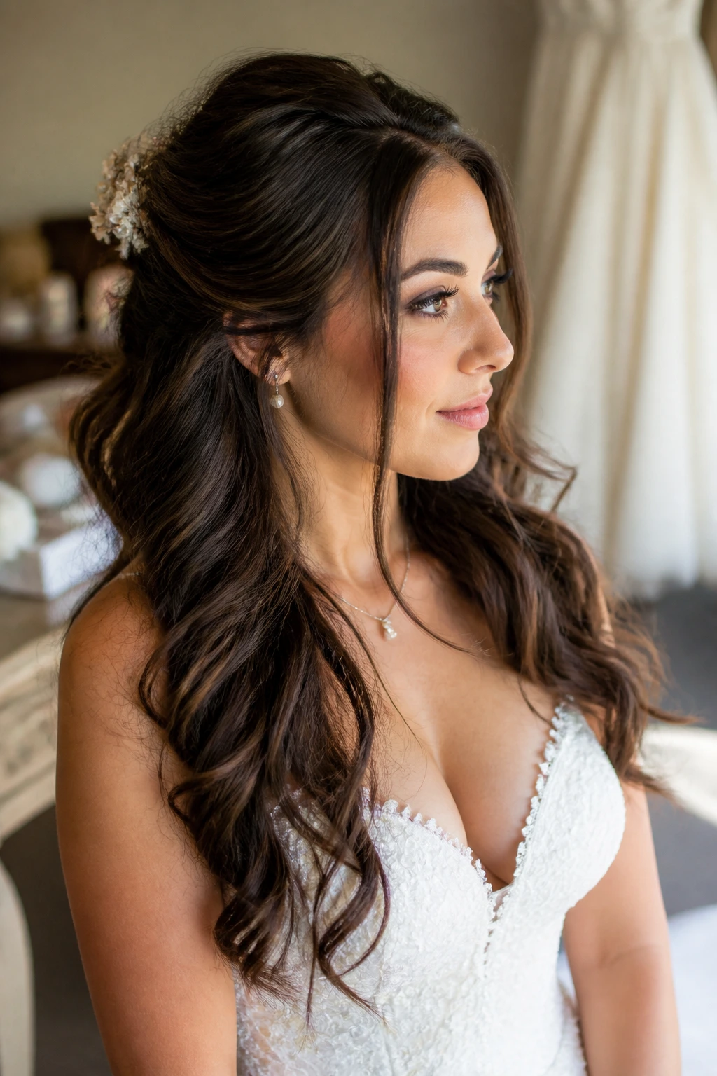 Bride during hair trial with rehearsal bridal hairstyle