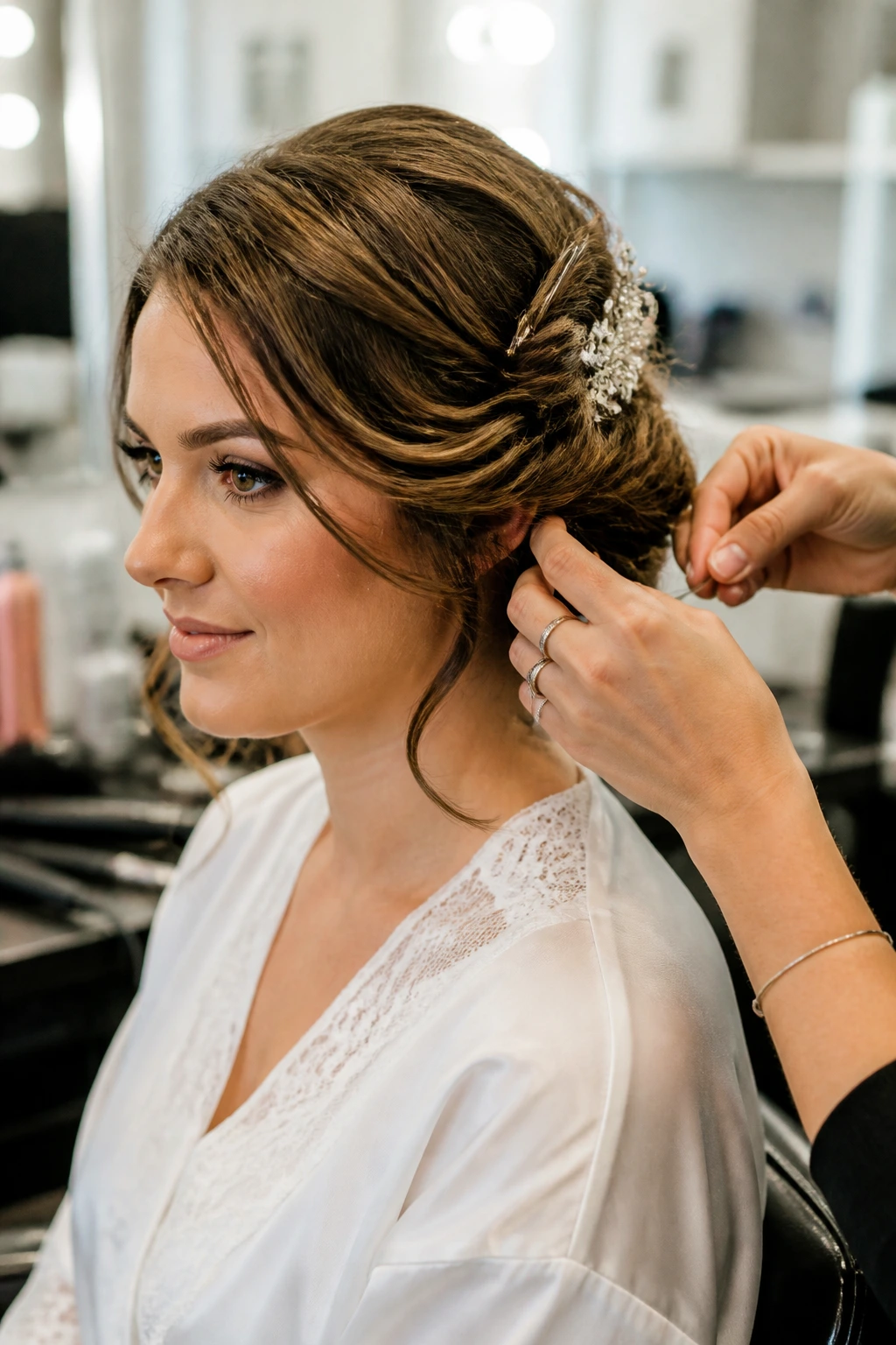 Bride during hair styling trial in salon