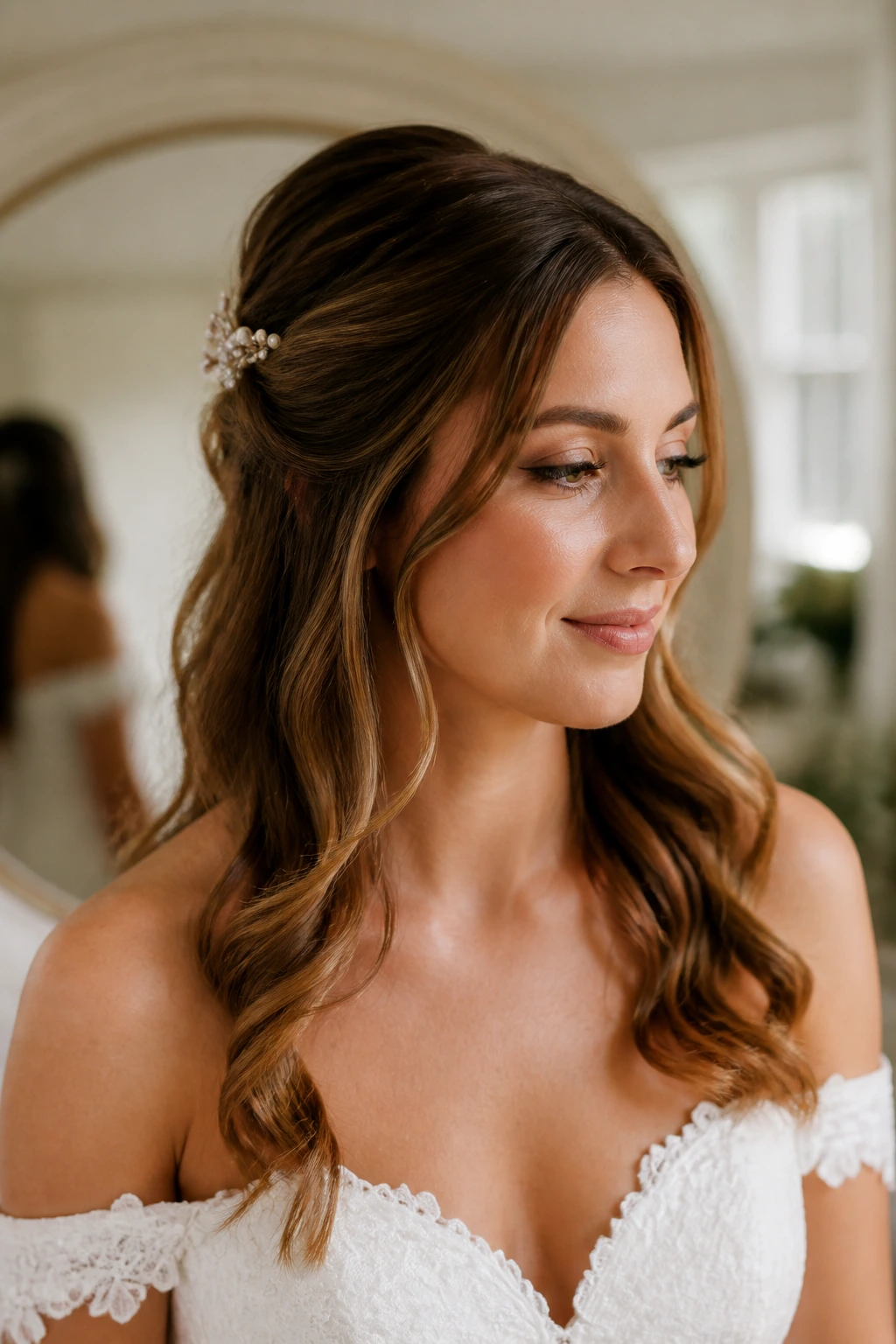 Bride during a trial run with half-up hairstyle in a bridal suite.