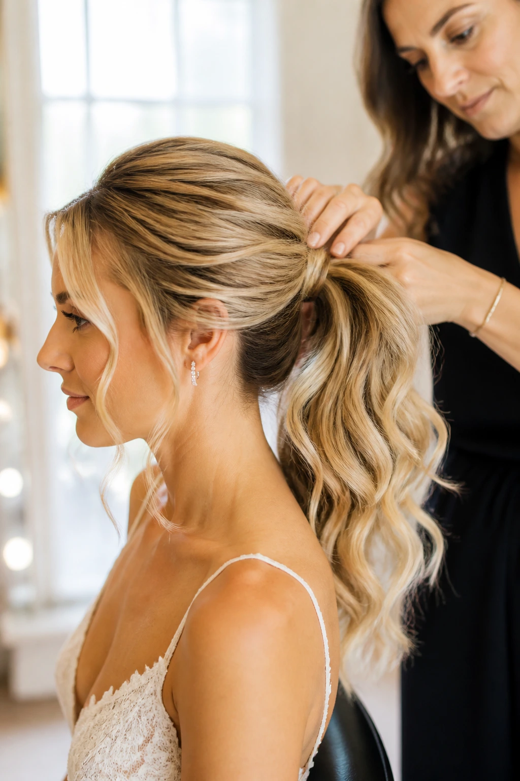 Bride during hair trial with ponytail being styled by a stylist in a salon
