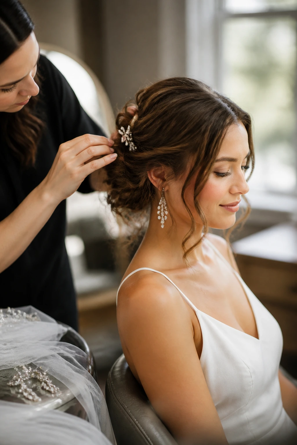 Close-up of a real bride during a hair trial with a pinned updo in a sunlit salon
