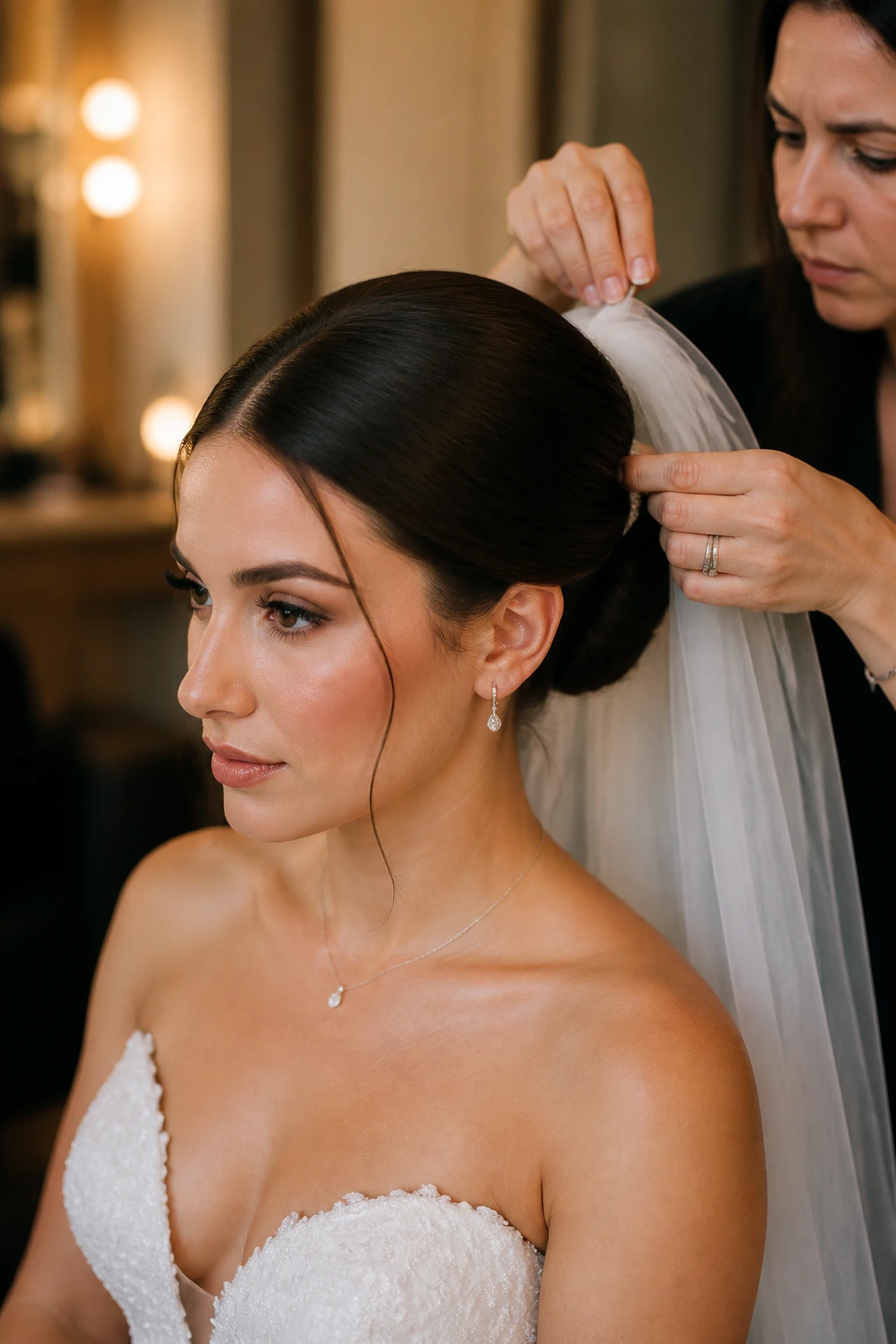 Close-up of a real bride during a hair trial with veil being placed