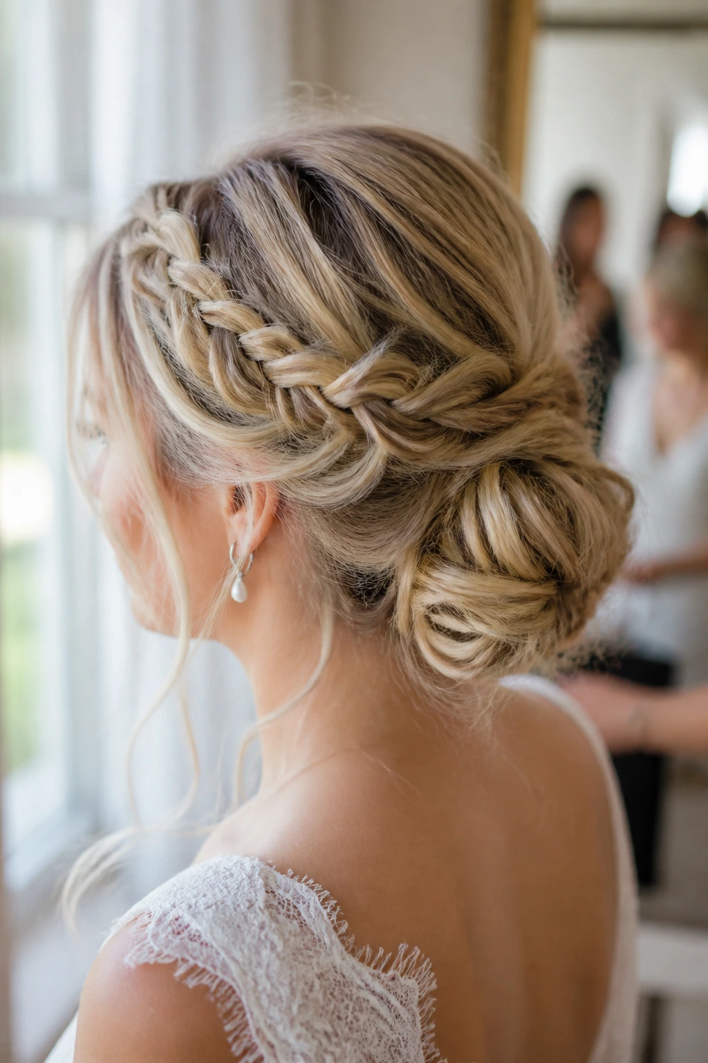 Bride's textured low bun with braided halo
