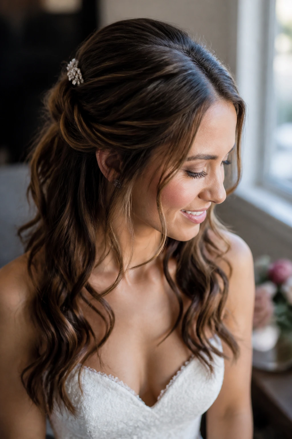 Close-up of a bride's textured half-up hairstyle with twists and a clip in a bridal prep room
