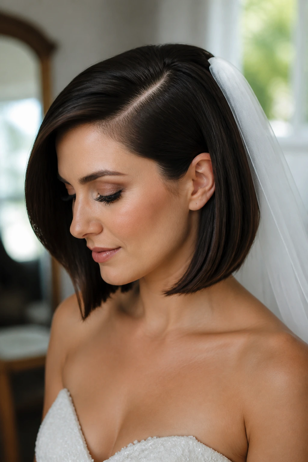 Close-up of a real bride with a deep side-part veil bob and veil positioned to the side