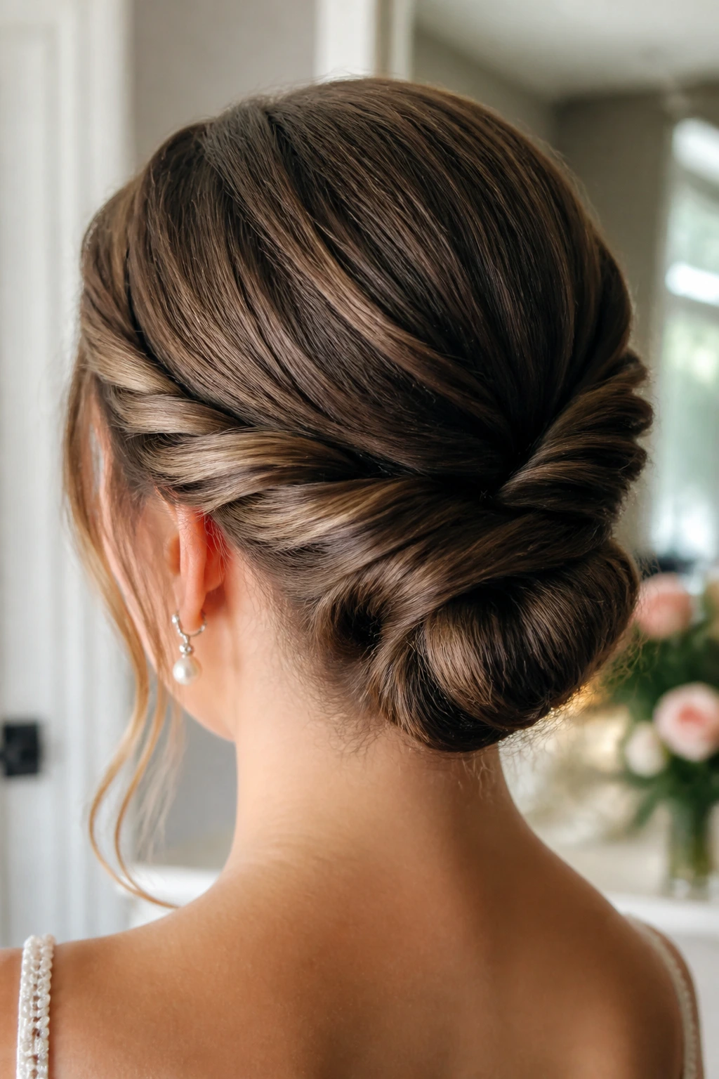 Close-up of a veil-ready twisted bun ready to anchor a bridal veil.