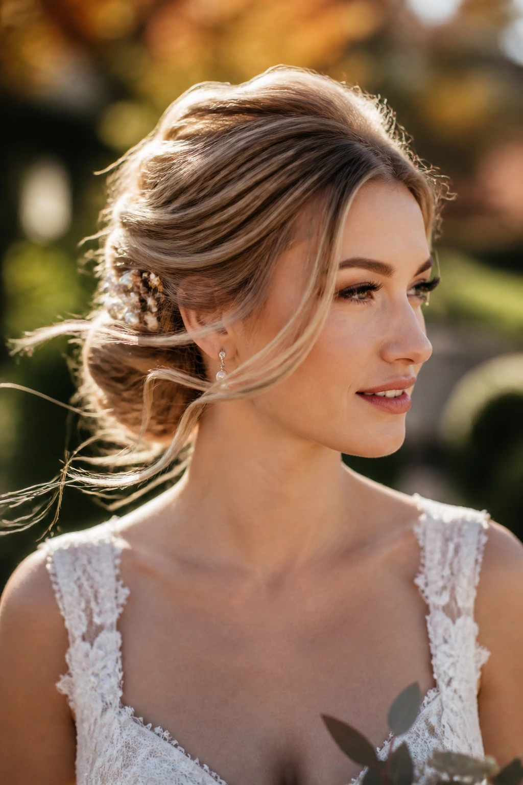 Close-up of bridal crown hairstyle showing weatherproof hair in fall setting
