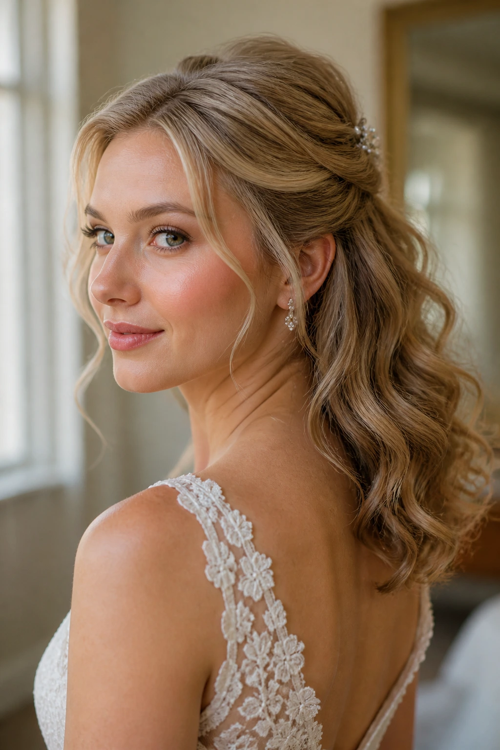 Bride with a lifted crown in half-up hairstyle using a light hairpin